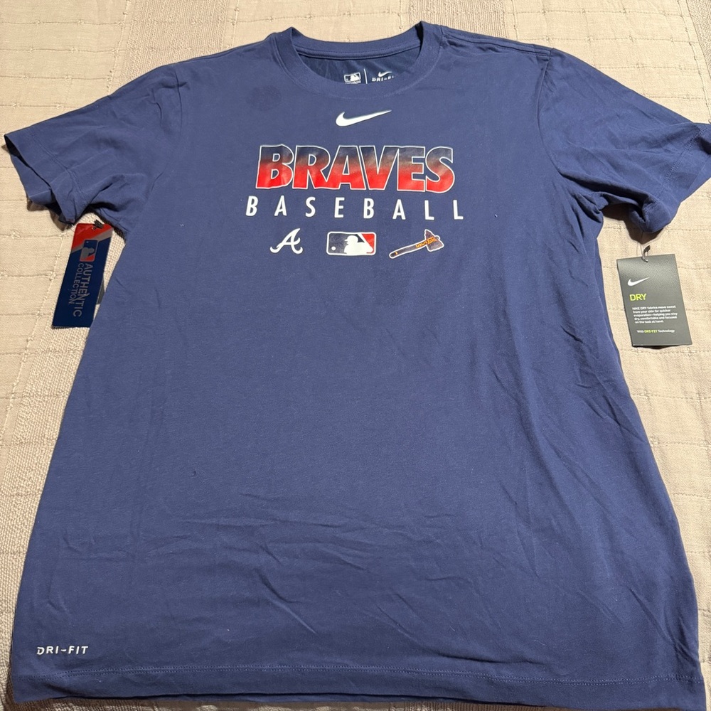 New Nike Atlanta Braves MLB Authentic Collection Dri-Fit Shirt Men's Medium Navy